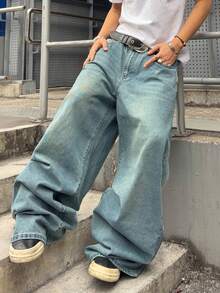 ROMWE MEN Jeans anchos y sueltos con bordado de animales para hombres - Azul - Ver 3