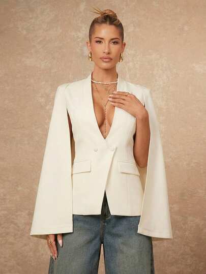 Lumalex Women's Elegant Casual Apricot Deep V-Neck Design Cape Style Double-Breasted Pocket Decoration Fitted Blazer, Spring/ All White Party Women Elegant Women Elegant Glamour Elegant New Style Women Luxury Prom Gathering Party Banquet Modest Old Money Glitter Holiday Party Rave Festival Outing Vacation Hot Outdoor Richly Layered Wedding Season Banquet ,Spring Women Al-Adha Party New Year Rose Valentine's Day Date Chic New Style Women Gala Night Delicate Romance Leisure Business, Spring Women