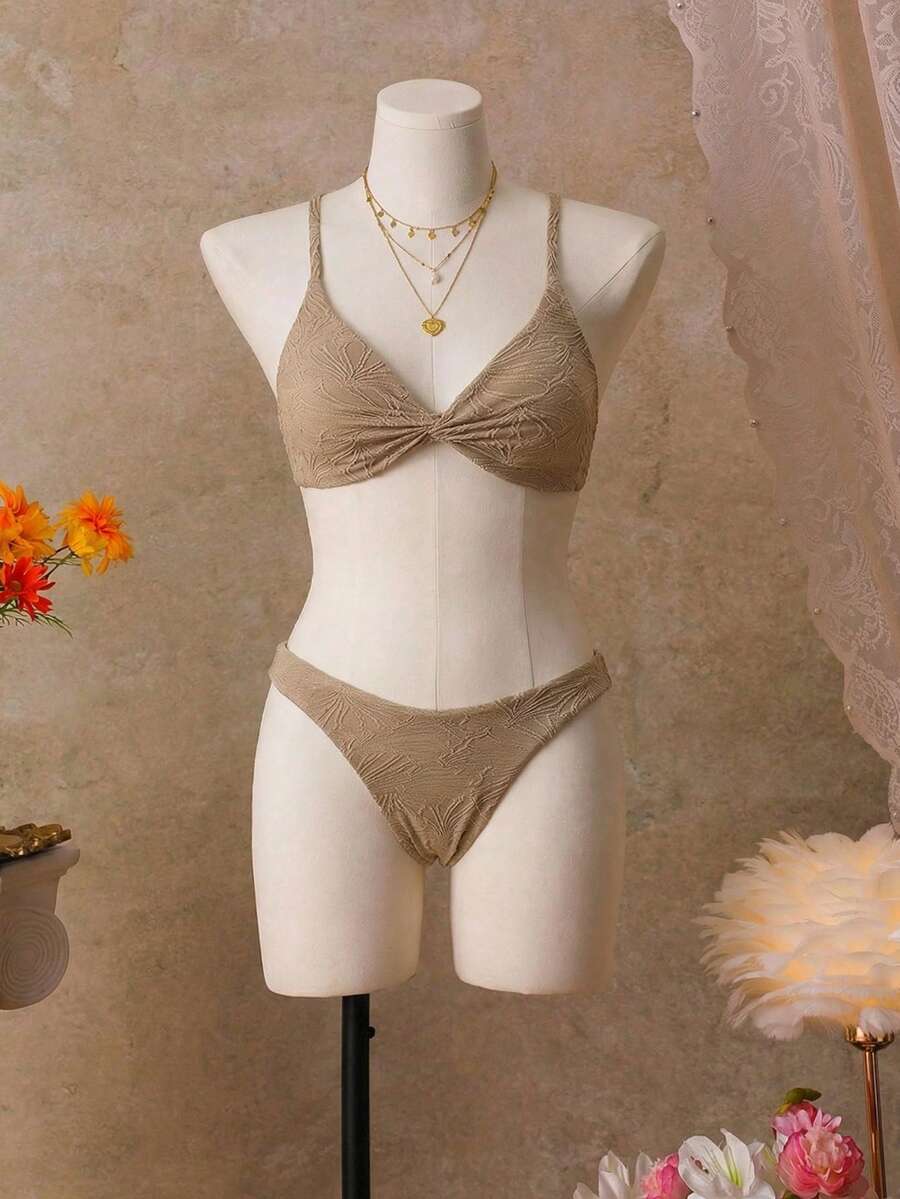 Bellisia Women Textured Minimalist Bikini Set,Khaki,Summer,Tropical,Beach,Vacation,Holiday,Boho Bohemian Elegant Brown Daily Swimwear Set For Cruise,Island - Red - View 1