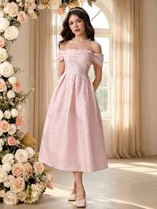 SHEIN Pitira 少女提花露肩优雅连衣裙，粉色 - 粉色 - 查看 7