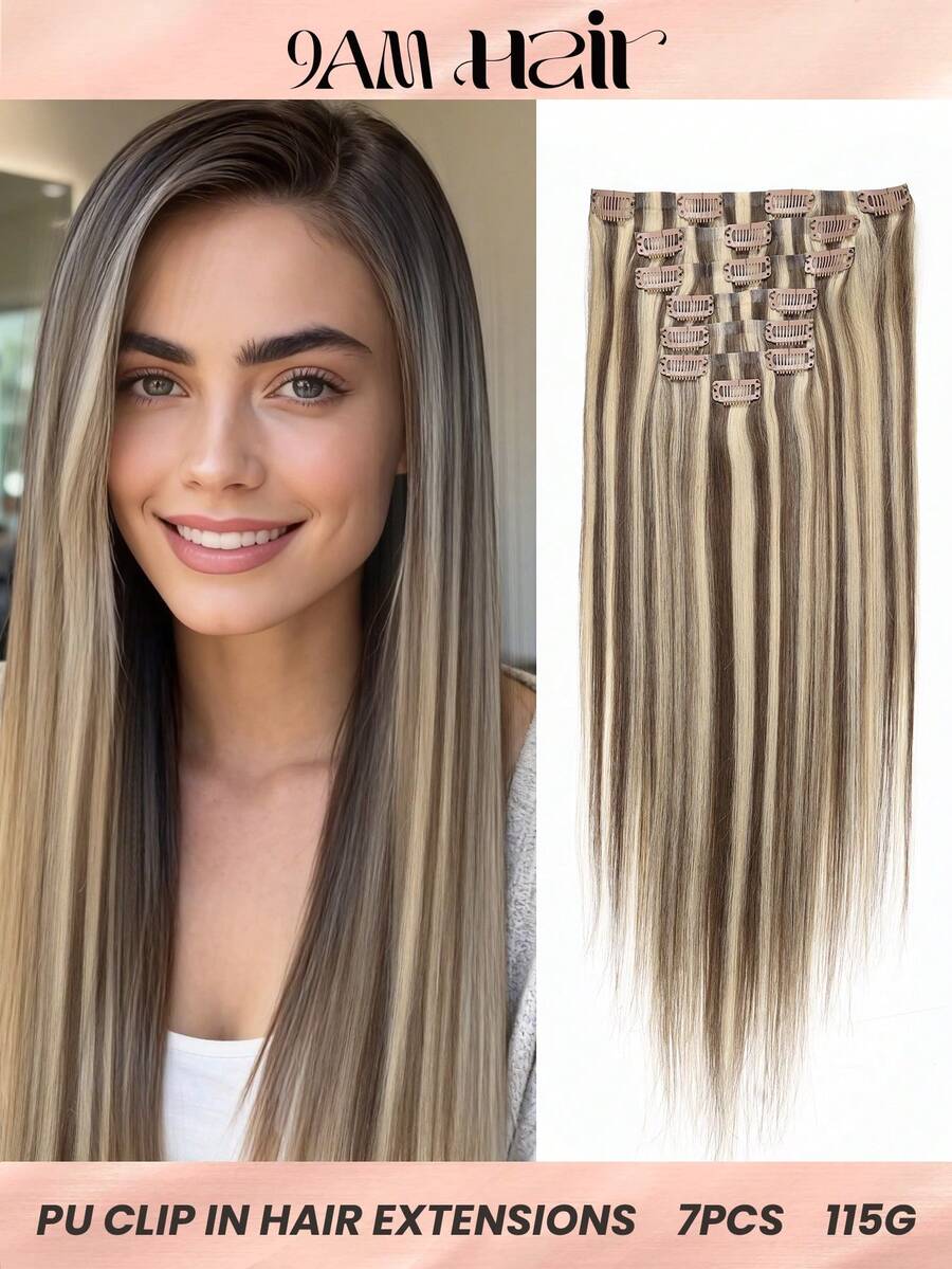 Seamless Clip In Hair Extensions, 7pcs Ash Brown Mix Platinum Blonde Hair Extensions Clip In Human Hair Invisible PU Skin Weft Natural Remy Human Hair Extensions - SP8/60 - View 1