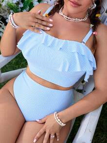Swim Mod Conjunto de Maiô Plus Size com Alça Removível, Tecido Texturizado Azul Listrado Casual e Doce, Novidade 2026 - Azul e Branco - Visão 4