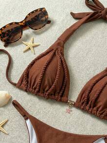 SHEIN Swim مجموعة بكيني مثلث كوب مضفر بني للنساء للعطلات، بكيني شاطئي للنساء صيف 2026، ملابس صيفية للنساء، فستان شاطئي، ملابس شاطئية أنيقة كاجوال للعطلات الصيفية للنساء، مجموعة بكيني قطعتين لون أحادي حبل زخرفي ملابس علوية بانديو وسراويل قطع عالي، ملابس سباحة جذابة، بدلة سباحة بني للنساء محتشمة، مجموعة بكيني بني، بكيني ربطة، بكيني هولتر، ملابس سباحة مثلث، ملابس سباحة بني للنساء، بدلة سباحة واحدة قطعة، ملابس علوية بكيني هولتر جذاب، بكيني جذاب، بكيني بني جذاب - بني - مشاهدة 6