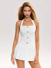 Sweetina 女士白色情人节婚礼生日毕业典礼金属纽扣设计褶皱下摆优雅吊带迷你连衣裙，春夏款 - 白色 - 查看 5