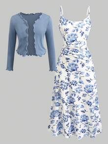 Girlism Tween Girls' Blue Knit Long Sleeve Cardigan & Floral Print Sleeveless Midi Dress 2-Piece Outfit, Spring/Summer - Blue and White - View 3