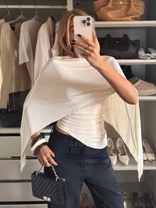 Siren Gaze 女士纯色针织斗篷，带褶裥细节长款上衣 - 杏色 - 查看 1