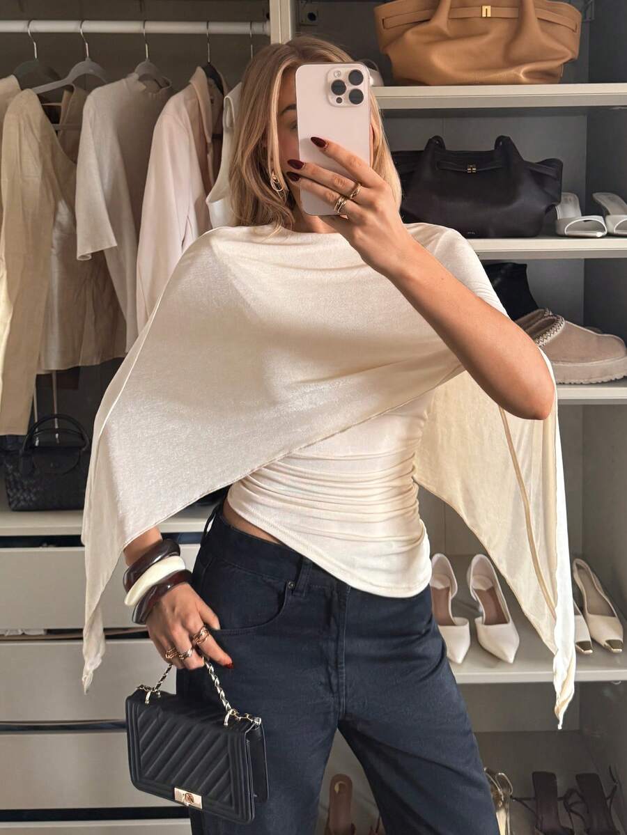 Siren Gaze 女士纯色针织斗篷，带褶裥细节长款上衣 - 杏色 - 查看 1