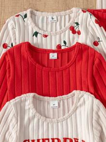 SHEIN 3件套女童新款毛绒条纹罗纹圆领弧形下摆长袖上衣、裤子、蝴蝶结印花玫瑰红纯色休闲时尚套装 - 彩色 - 查看 5