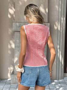 Franclia Woven Plaid Sleeveless Round Neck Tank Top For Women Red Gingham Top Red Checkered Top Women Summer Blouse Summer Casual Tops Red And White Top Gingham Shirt Gingham Sleeveless Top Gingham Lace Trim Top - Red and White - View 3