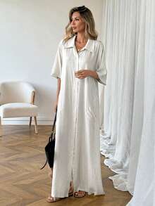 SHEIN LUNE Đầm dài cổ bẻ kiểu thường ngày dành cho nữ - Màu be - Xem 4