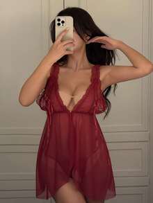 DAZY Bộ đồ ngủ hở lưng phối ren lưới mỏng trang trí nơ và quần lót dây chữ G, gợi cảm khi đi chơi - Màu Đỏ Sâu - Xem 8
