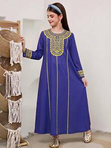 SHEIN Tween Girls' Casual Round Neck Long Sleeve Dress