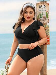 Swim Lushoire Plus Size Women 2pcs Solid Color Ruffle Sleeve Criss-Cross Front Top & Triangle Bottoms Backless Bikini Swimwear - Black - View 6