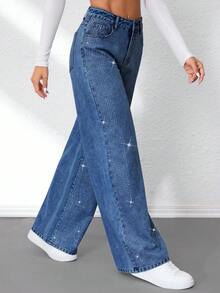 SHEIN Tall Women's Rhinestone Pocket Wide Leg Loose Casual Versatile Jeans - Medium Wash - View 6