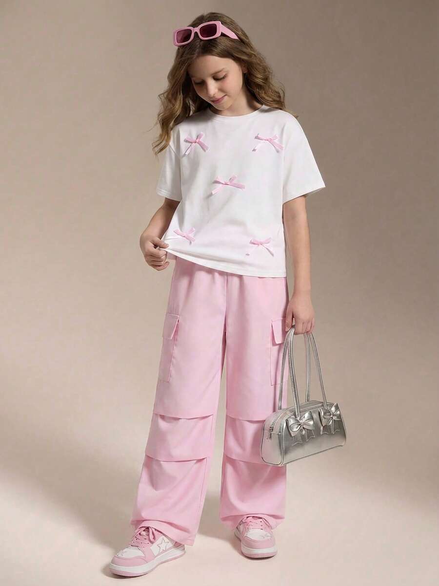 Conjunto de camiseta de manga corta con decoración de lazo y pantalones de pierna ancha para niña preadolescente - Rosa - Ver 1
