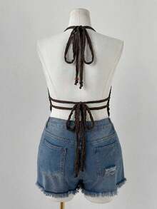 Sunspun Y2K美式朋克纹理露脐吊带系带背心（女款） - 棕色 - 查看 2