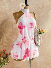 Soleia Women's Vacation Casual Floral Print Backless Halter Mini Dress - Pink - View 1