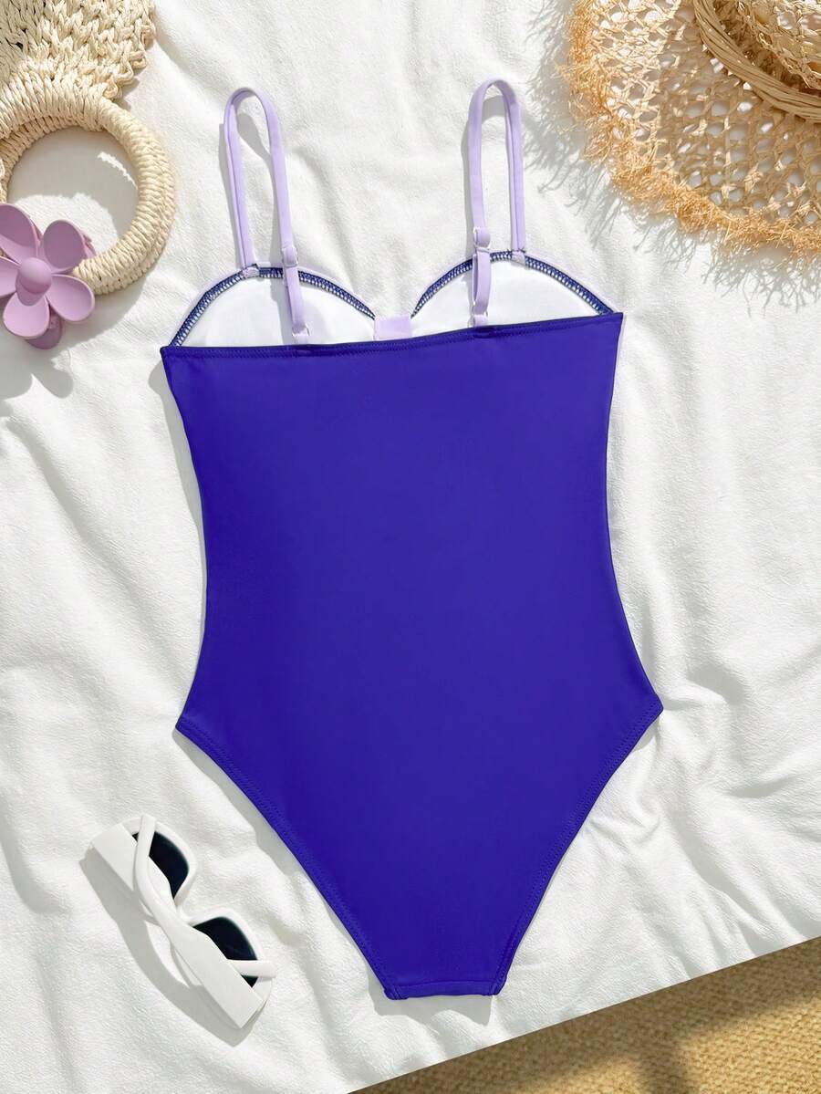 SHEIN 1件装女童撞色镂空设计弹力速干舒适针织面料海星装饰连体泳衣,适合海滩、泳池、冲浪、度假、夏季旅行 - 紫色 - 查看 1