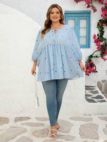 SHEIN CURVE+ Curve 尺码 US22 音乐节、海滨度假、波西米亚情人节女士条纹爱心印花休闲百搭通勤灯笼袖衬衫 - 藍色 - 查看 7