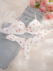 2pcs/Set Women Heart Print Underwire Soft Cup Comfortable Bra Set - White - View 3