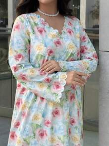 Yasmyna Women's Floral Print V-Neck Elegant Arabic Style Dress Summer Dress With Sleeve Floral Dress For Women - Multicolor - View 3