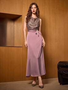 Uhlyne Uhlyne Gaun Pesta Seksi Tanpa Lengan Berpayet dengan Potongan Pinggang yang Pas - Dusty Pink - View 4