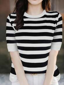 EMERY ROSE Áo dệt kim tay lửng phối màu kẻ sọc, thích hợp mặc đi làm hàng ngày. - Nhiều màu - Xem 3