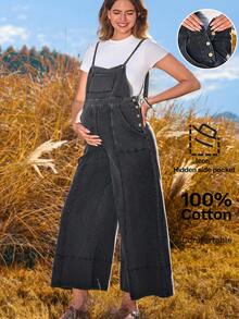 Boho Mama Bộ đồ liền thân đơn giản màu trơn cho bà bầu - màu đen - Xem 7