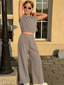 SHEIN Firerie Kids Nova Glow 两件套少女休闲翻领口袋衬衫和直筒裤，通勤装