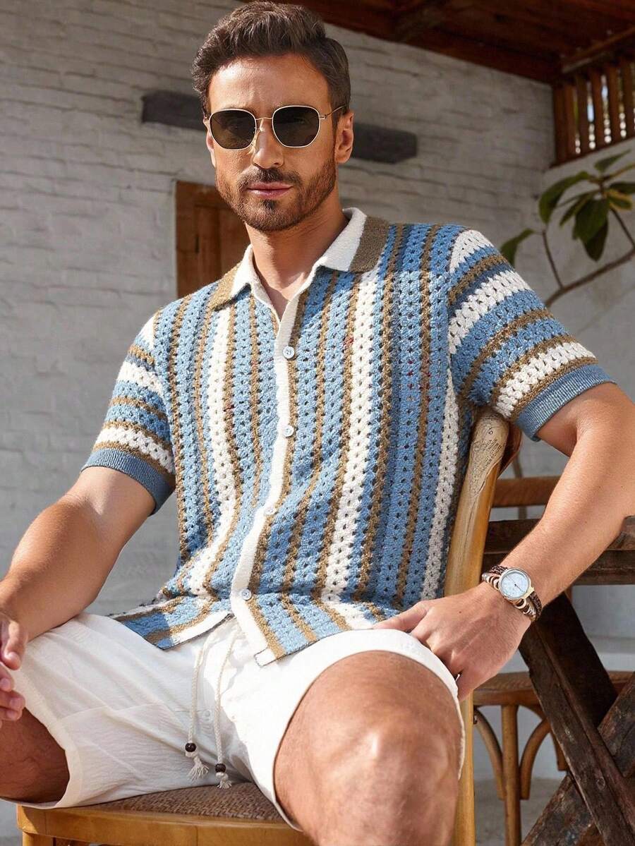 Manfinity RSRT Men's Blue And White Stripe Hollow-Out Crochet Top, Short Sleeve Single-Breasted Knitted Top,Summer Casual Holiday Vacation Resort Wear - Teal Blue - View 1