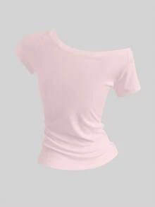 Sweetra Áo thun nữ mùa hè kiểu lệch vai, thêu logo hiệp sĩ cưỡi ngựa, tay ngắn màu hồng. - Hồng - Xem 2