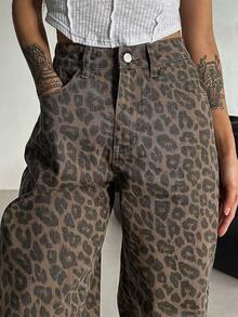 DAZY 女士休闲宽松直筒豹纹牛仔裤 - 咖啡棕 - 查看 7
