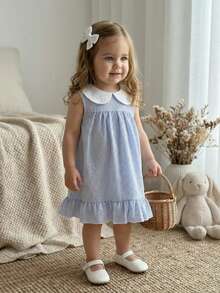 SHEIN Váy không tay cổ Peter Pan họa tiết kẻ sọc dễ thương, màu sắc tương phản dành cho bé gái, thích hợp cho các buổi đi chơi mùa xuân/hè, tụ tập, tiệc tùng, kỳ nghỉ và mặc hàng ngày - Màu xanh lam - Xem 4