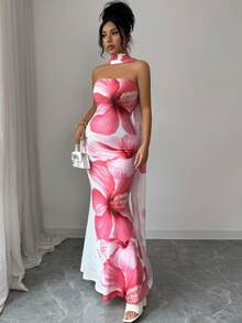 Selianne 标准尺码女士优雅无肩带系带宽松飘逸荷叶边印花连衣裙，清新法式乡村海滩户外夏季派对、海滩、晚餐、约会、情人节、婚礼等场合皆宜 - 白色 - 查看 5