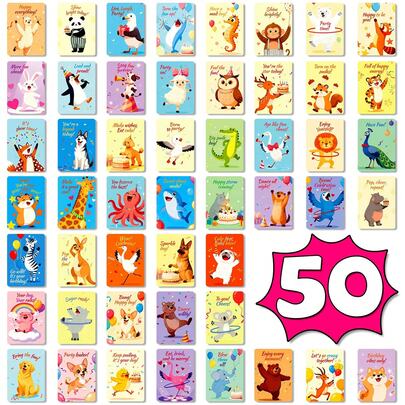 50-Pcs/Set Animal Pattern Cards, 50 Cards, Happy Birthday Text Cards, Creative And Fun Animal Cards, Animal Learning Cards