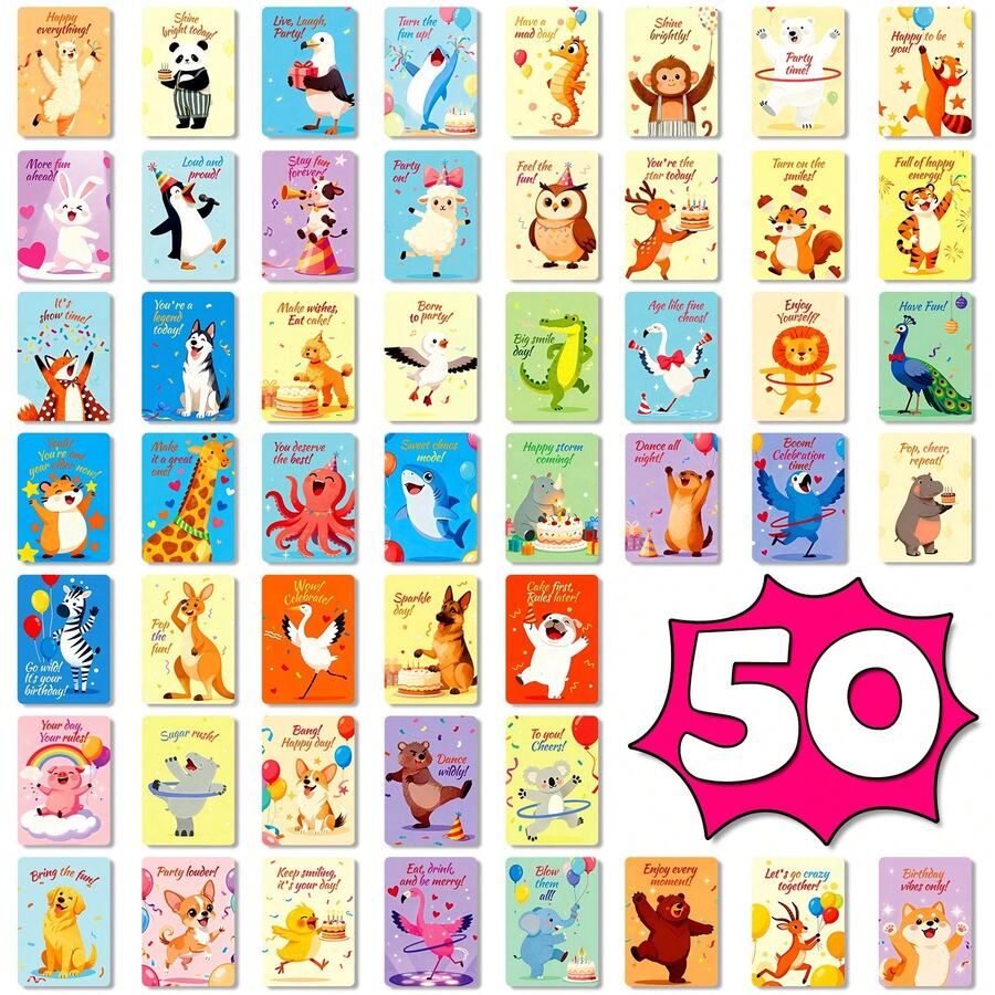 50-Pcs/Set Animal Pattern Cards, 50 Cards, Happy Birthday Text Cards, Creative And Fun Animal Cards, Animal Learning Cards - Multicolor - View 1