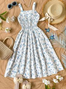 Teen Girls' White Pastel Floral Sundress,Square Neck Adjustable Spaghetti Straps Ruched Bodice Flowy Midi Skirt,Summer Vacation Wedding Guest Holiday - Multicolor - View 2
