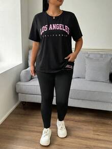 SHEIN EZwear 大码夏季休闲字母印花T恤和打底裤两件套 - 彩色 - 查看 3