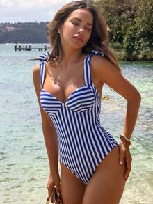 Swim Vcay Traje de baño de una pieza para mujer con escote en V dulce, copas acolchadas, tirantes anchos y estampado a rayas, adecuado para playa en primavera/verano - Azul y blanco - Ver 3