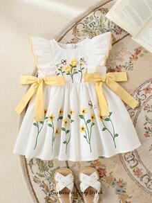 Cozy Pixies 女婴碎花印花短袖收腰连衣裙 - 黃色 - 查看 7