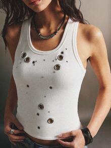 Easelle 休闲复古交叉露背设计紧身腰部运动背心，女士背心，女士背心，复古风背心，做旧上衣 - 白色 - 查看 3