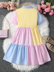 SHEIN 少女彩色拼接条纹衬衫裙，娃娃裙，撞色宽松休闲连衣裙，适合日常穿着、外出和上学的可爱连衣裙 - 彩色 - 查看 2