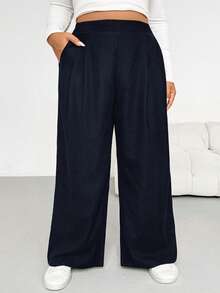 Shapeblank 大码女装秋冬时尚休闲宽松舒适日常百搭显瘦磨毛弹力腰黑色阔腿裤，秋季穿搭，女式下装，简约风格 - 藏蓝色 - 查看 5