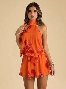 SHEIN BAE Đầm ngắn cổ yếm, viền bèo nhún in hoa dành cho nữ, kiểu dáng đi nghỉ mát. - trái cam - Xem 4