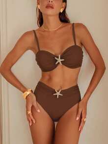 Swim Vcay Conjunto de traje de baño sexy de tela brillante con decoración de estrella de mar, para vacaciones en la playa - Marrón - Ver 5