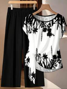 SHEIN Clasi 2pcs Women's Casual Elegant Minimalist Beige Shirt With Black-And-White Botanical Silhouette Print & Loose Black Pants Set. Perfect For Spring And Summer, Vacation, Country Style, Daytime, Garden, And Walking.