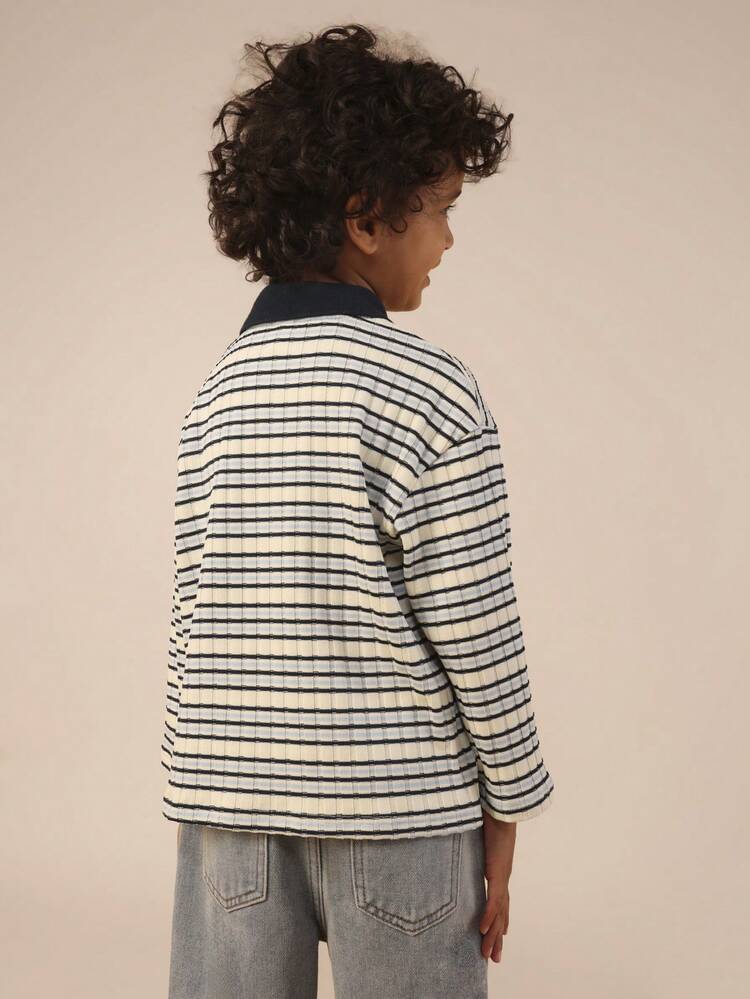 Long Sleeve Striped Polo With Contrast Collar