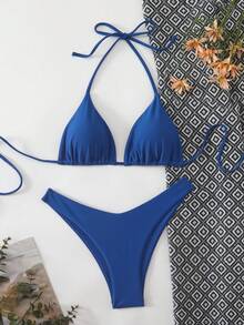 Swim Mod 女士性感露背系带开衩比基尼套装，简约纯色，适合海滩度假 - 藍色 - 查看 3