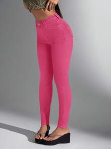 Jeanoix 女士纯色中腰修身粉色时尚牛仔裤，亮粉色裤子，女士粉色牛仔裤，女士牛仔裤，女士打底裤，情人节 - 玫紅色 - 查看 4