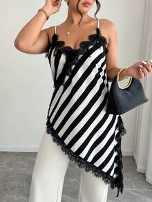 Elenzga Áo kiểu Pháp dáng casual dành cho nữ cỡ lớn, không tay, viền ren, in họa tiết sọc, vạt bất đối xứng, thích hợp cho mùa xuân/hè. - Đen và trắng - Xem 5